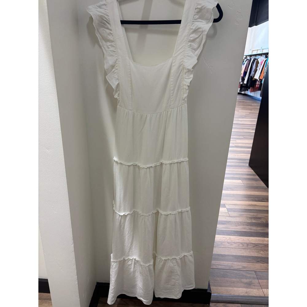 Show Me Your Mumu Lovely Midi Dress White Ruffle Tie Back Tiered XS Cottagecore